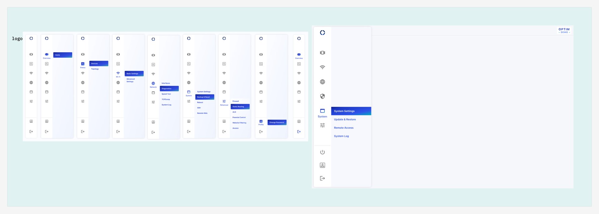 An earlier exploration — an icon rail with fly-out menus, kept in the version log
