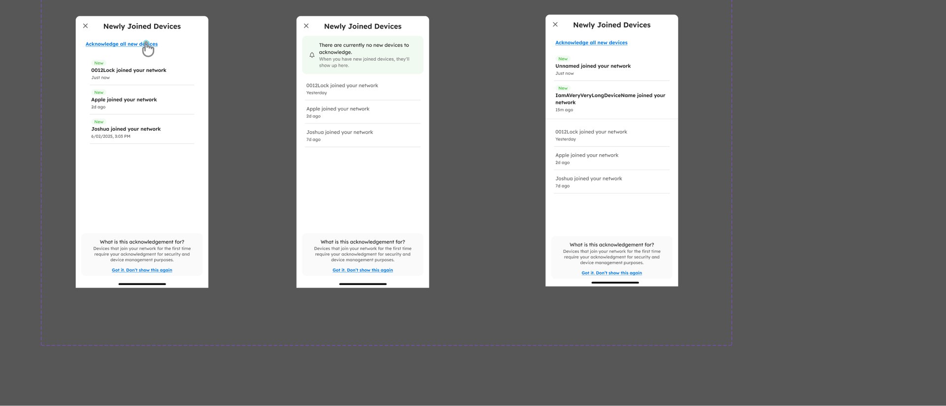 Newly joined devices — acknowledge one, all, or none waiting